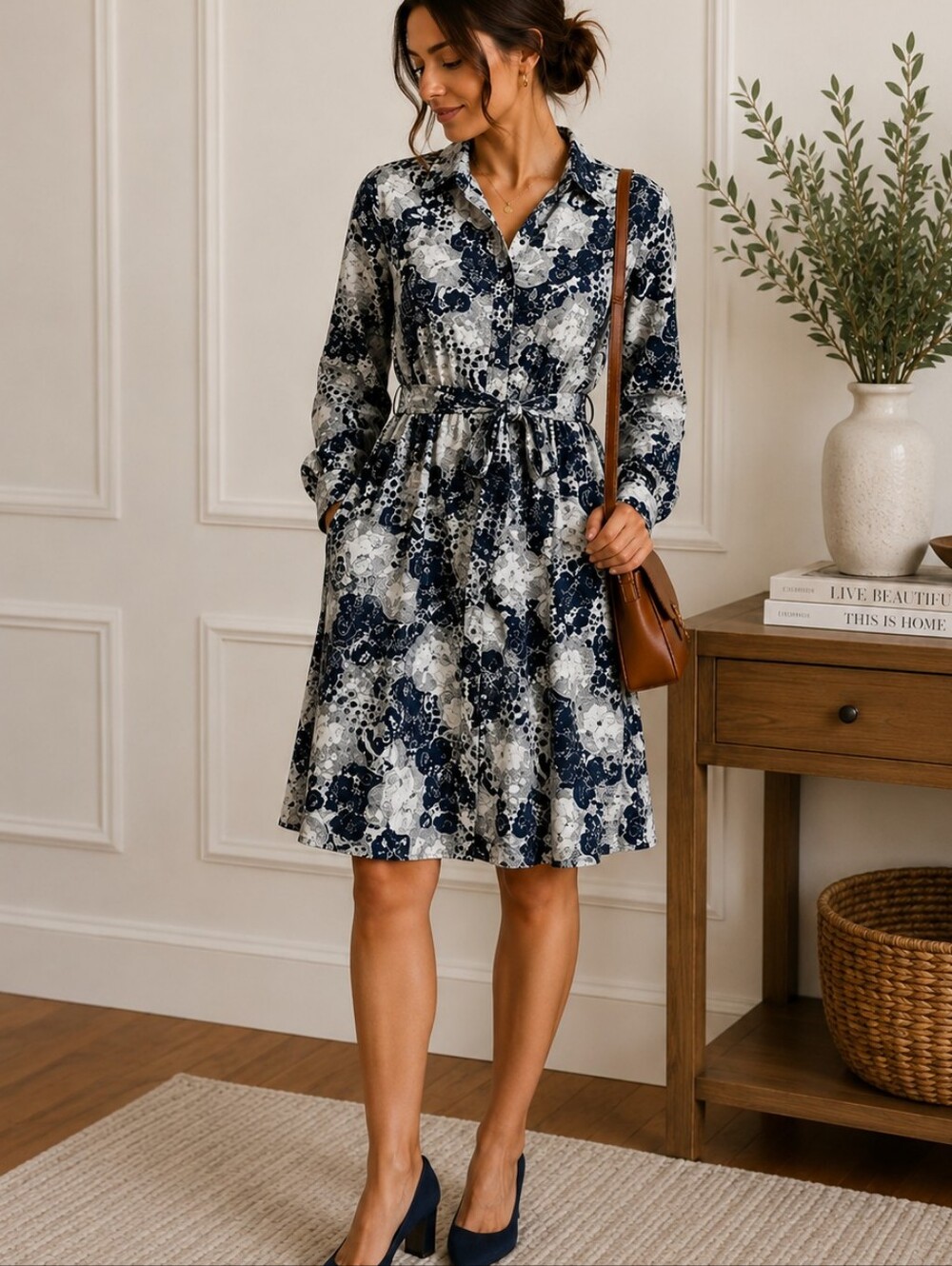Anthro Conversations Shirt Dress US 4 Navy Art Print Belted